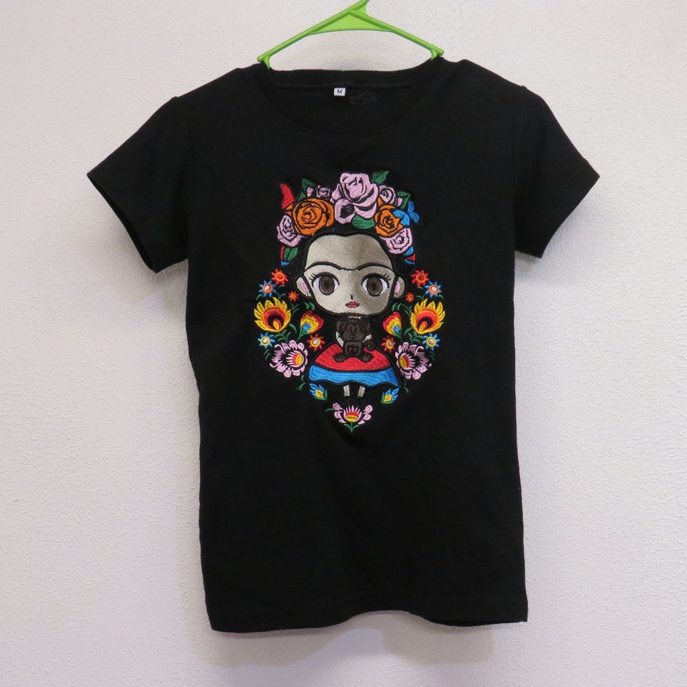 Youth Size M Frida Embroidered Front T-Shirt Colorful.